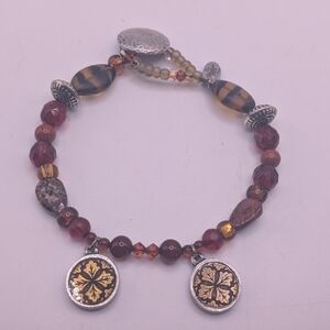 Vintage Danforth Pewterers Pewter & Art Glass Bead Bracelet Flower Toggle